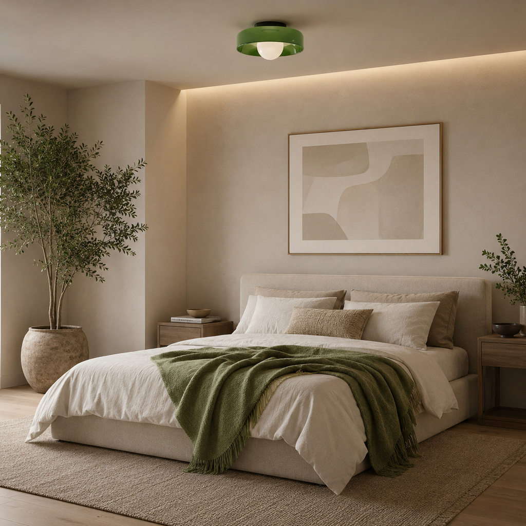 Modern bedroom with a bed, green blanket, a nice green ceiling lamp and abstract art on the wall.