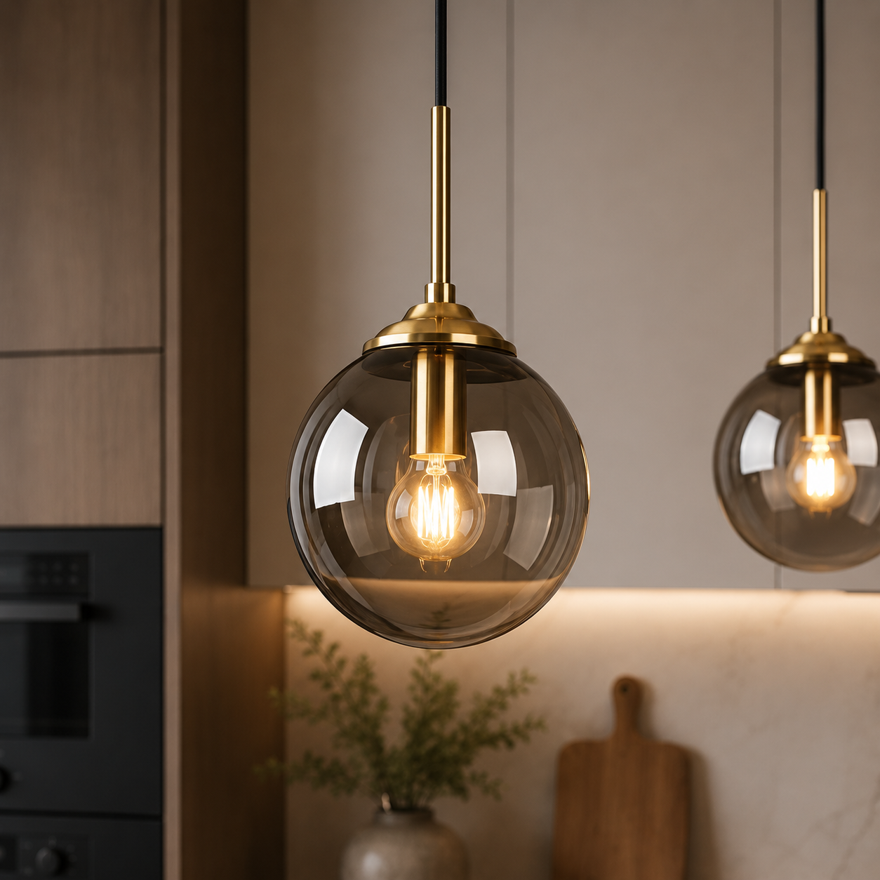 Globe Glass Pendant Light – Modern Smoky Gray Ceiling Hanging Lamp, Single or 3-Head Cluster Foryuni