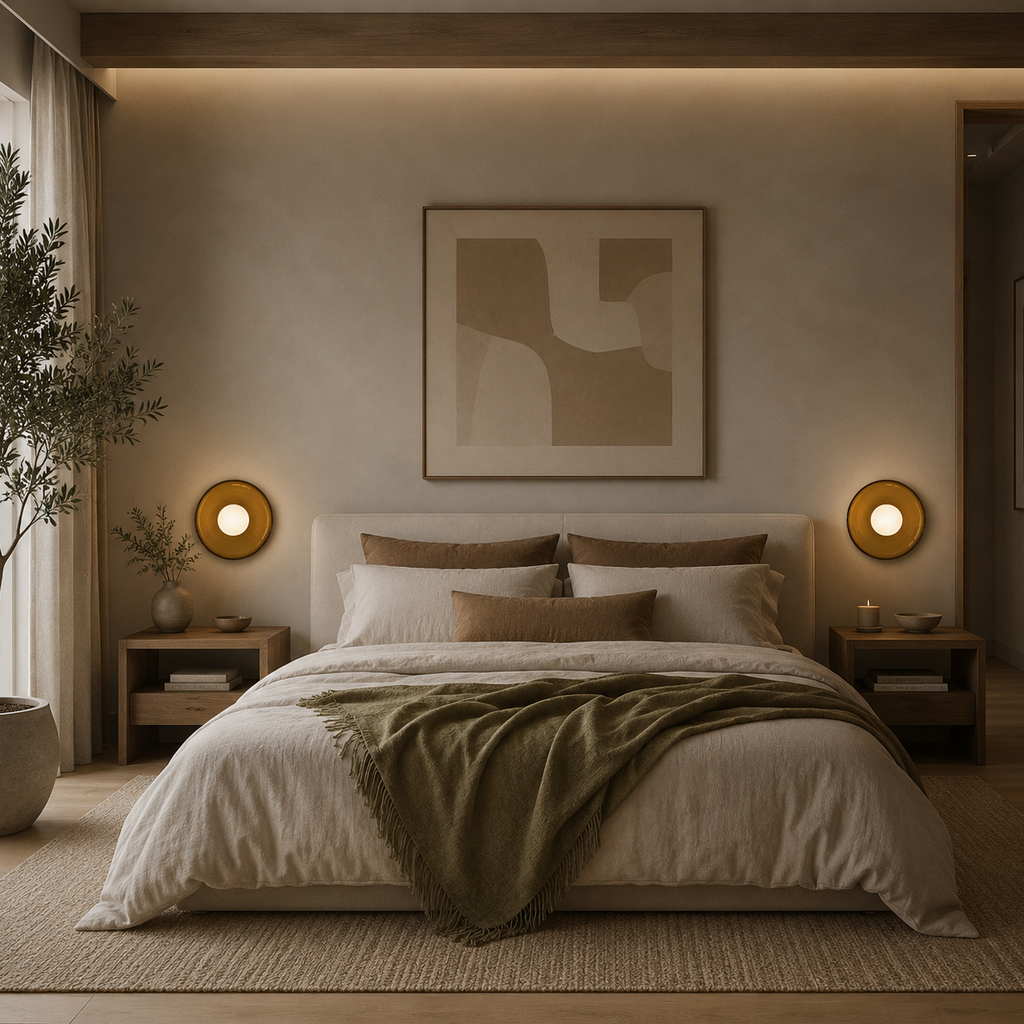 Cozy bedroom with a bed, nightstands, and wall sconces in a warm brown tone.