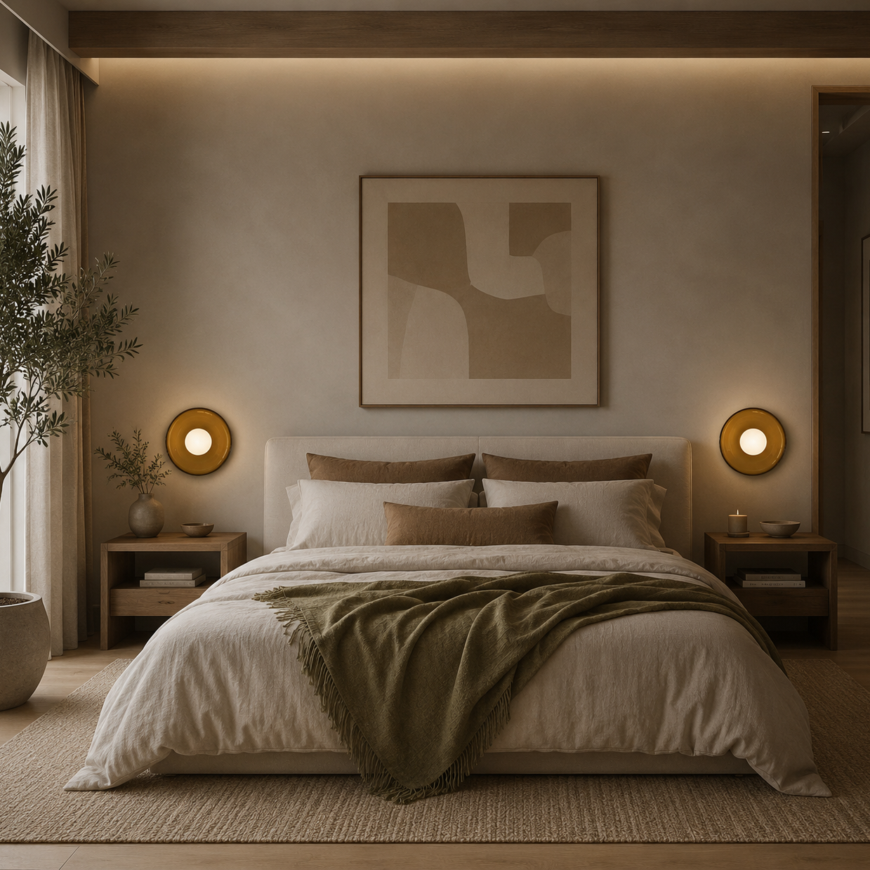 Cozy bedroom with a bed, nightstands, and wall sconces in a warm brown tone.