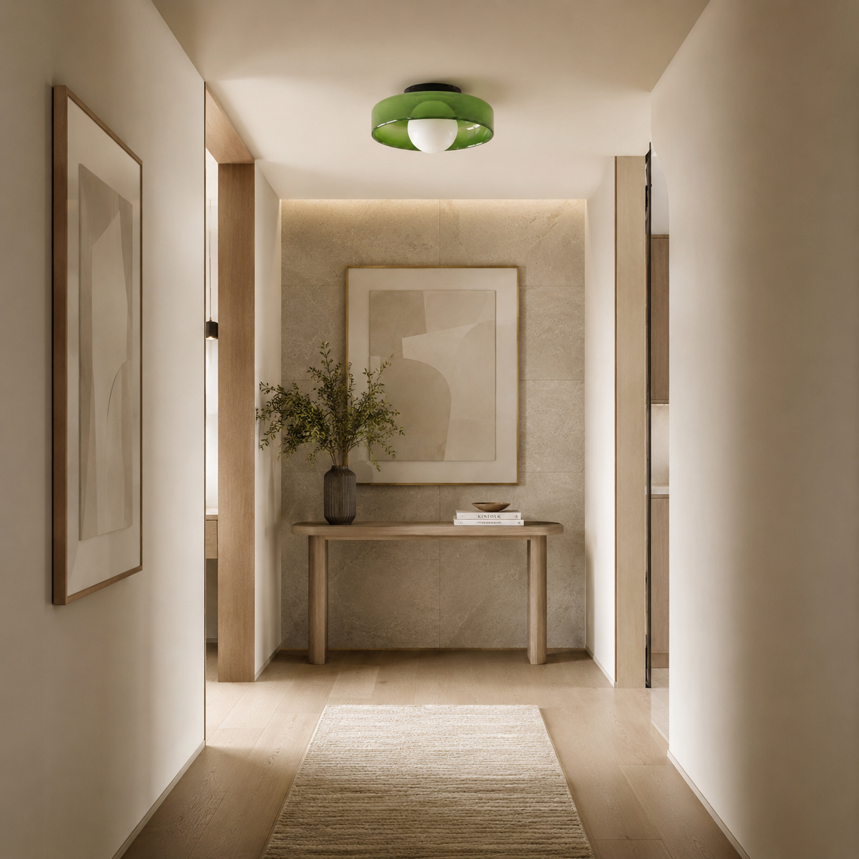 Modern hallway with a wooden console table, framed artwork, and a green ceiling light.