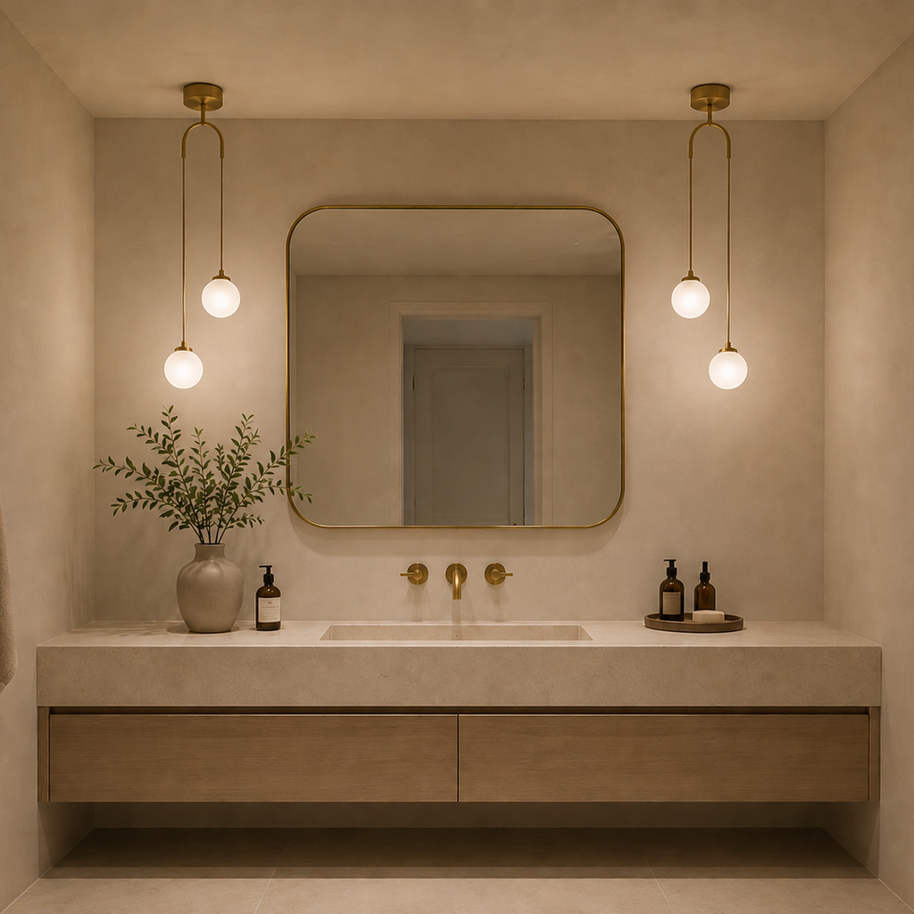 Modern bathroom vanity with mirror, lights, and decorative elements.