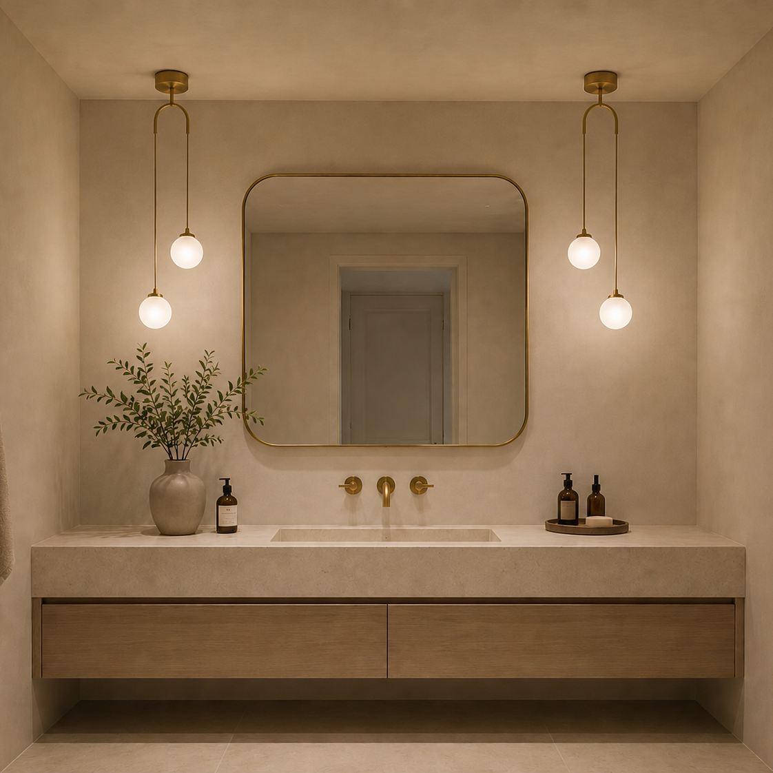 Modern bathroom vanity with mirror, lights, and decorative elements.