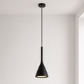 Black pendant light hanging against a white wall