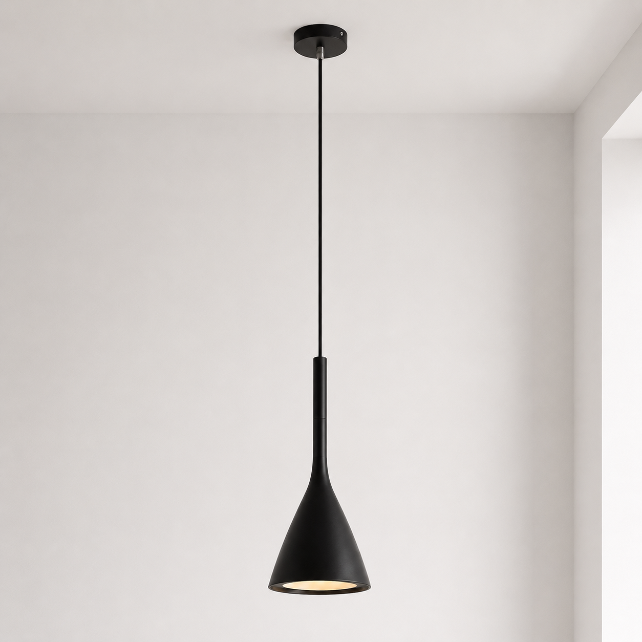 Black pendant light hanging against a white wall