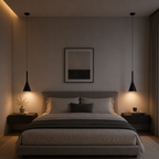Modern bedroom with a bed, nightstands, and wall art in a dimly lit setting.