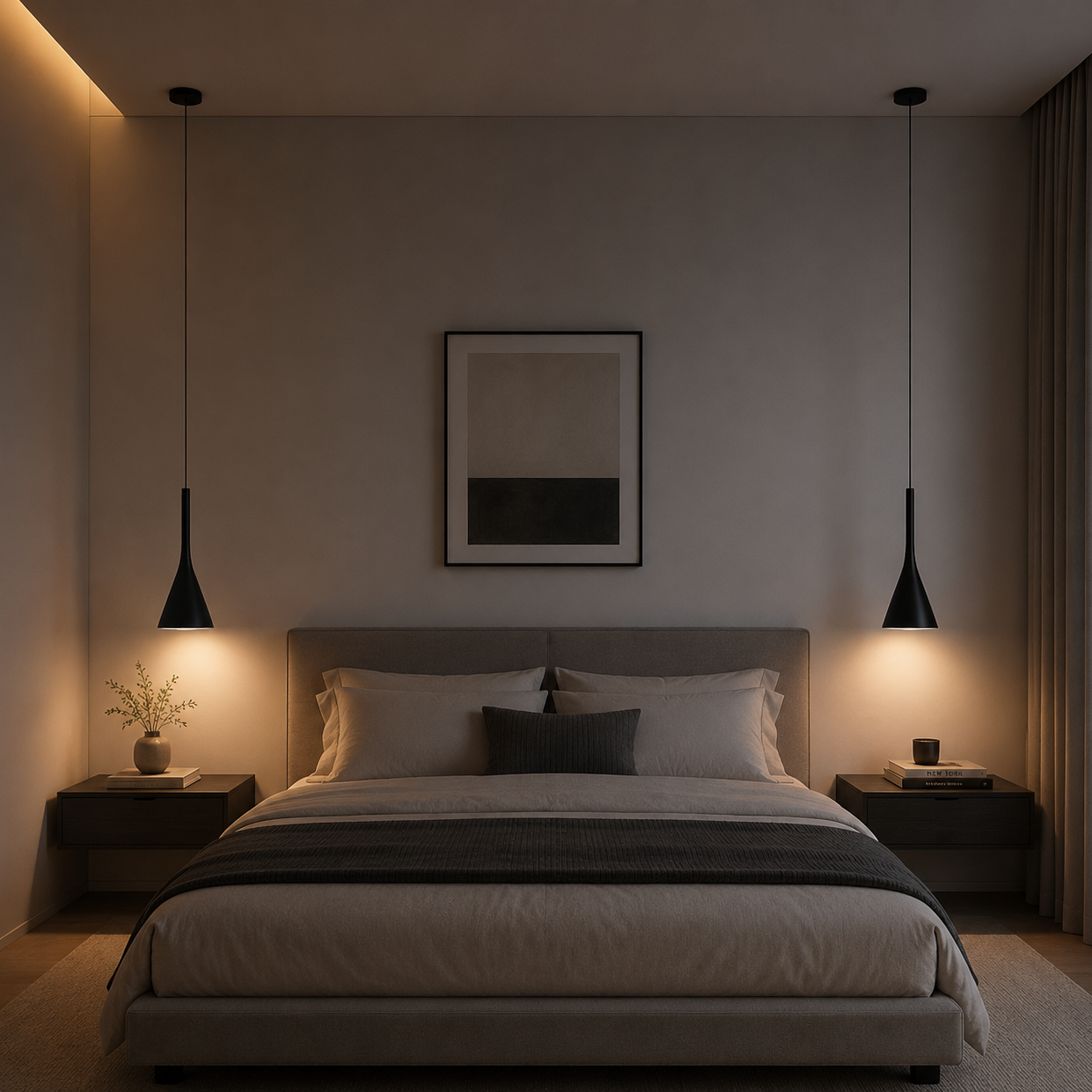 Modern bedroom with a bed, nightstands, and wall art in a dimly lit setting.