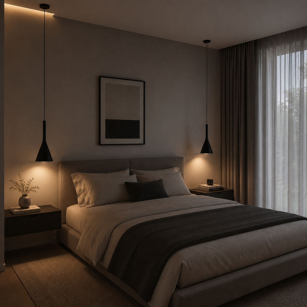 Modern bedroom with a bed, nightstands, and wall art in a dimly lit room.