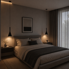 Modern bedroom with a bed, nightstands, and wall art in a dimly lit room.