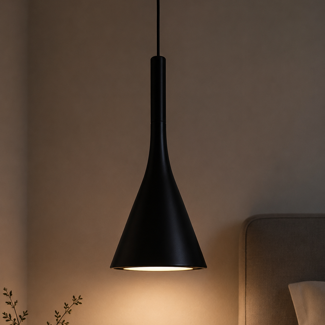 Black pendant light hanging in a room with a vase and plant on a table.