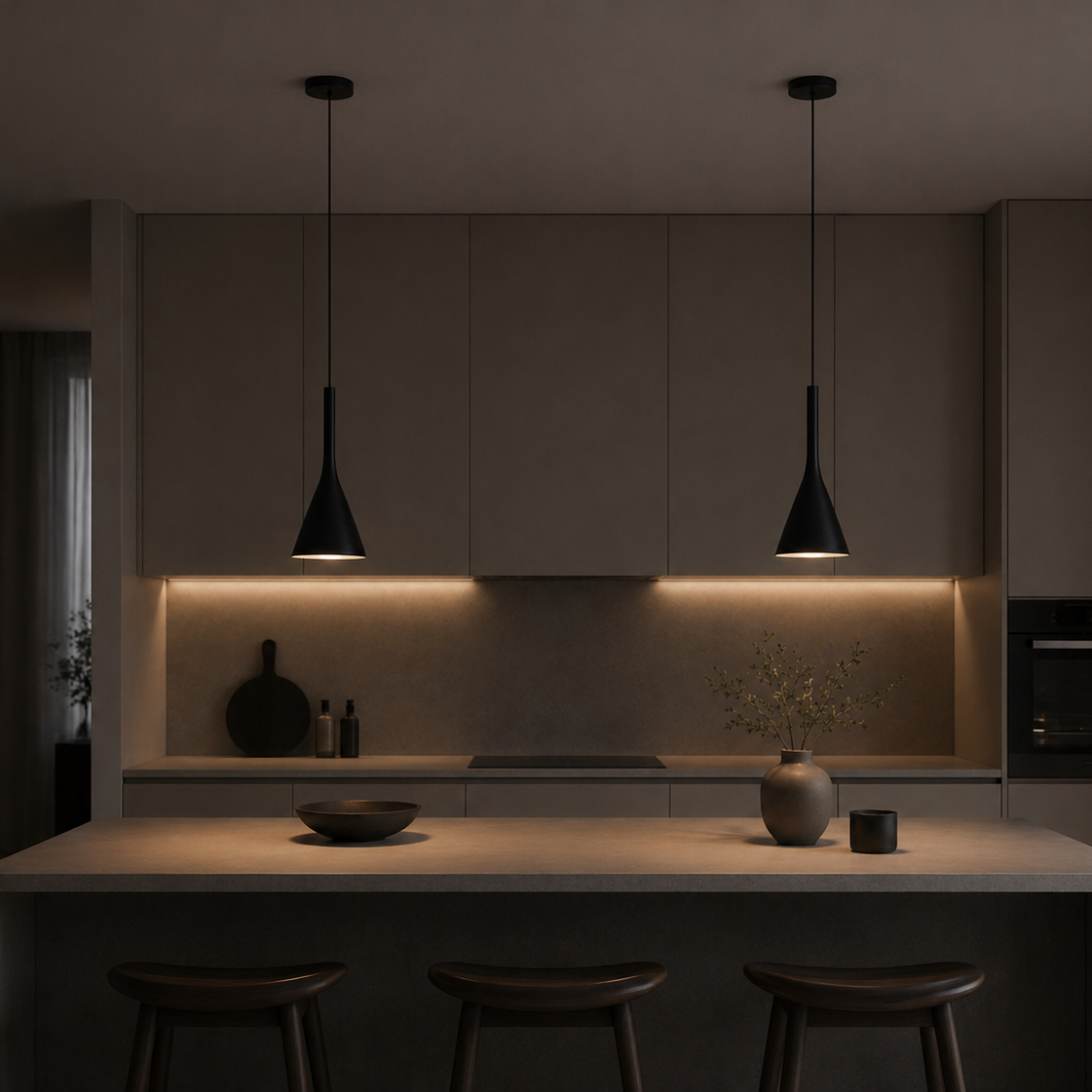 Modern kitchen with pendant lights and a dark ambiance