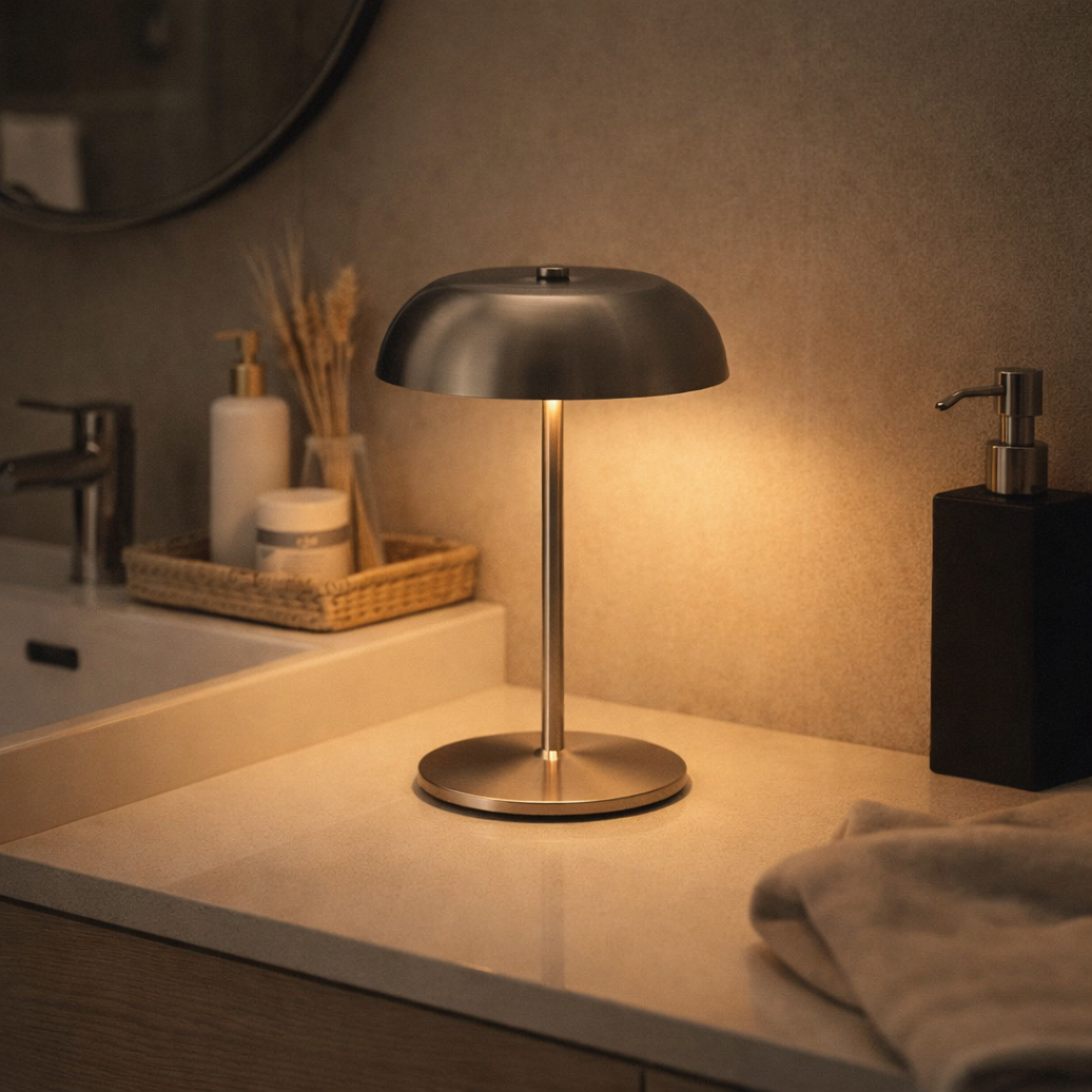 Modern table lamp on a bathroom counter with warm lighting