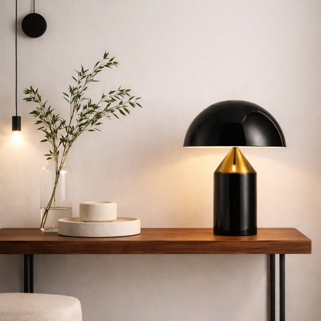 Modern black and gold table lamp on a wooden console table with decorative elements.