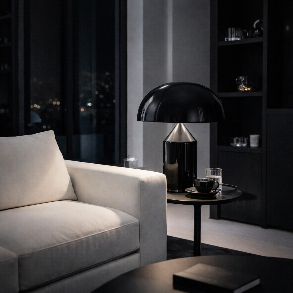 Modern living room with a white sofa, black table lamp, and a cityscape view.