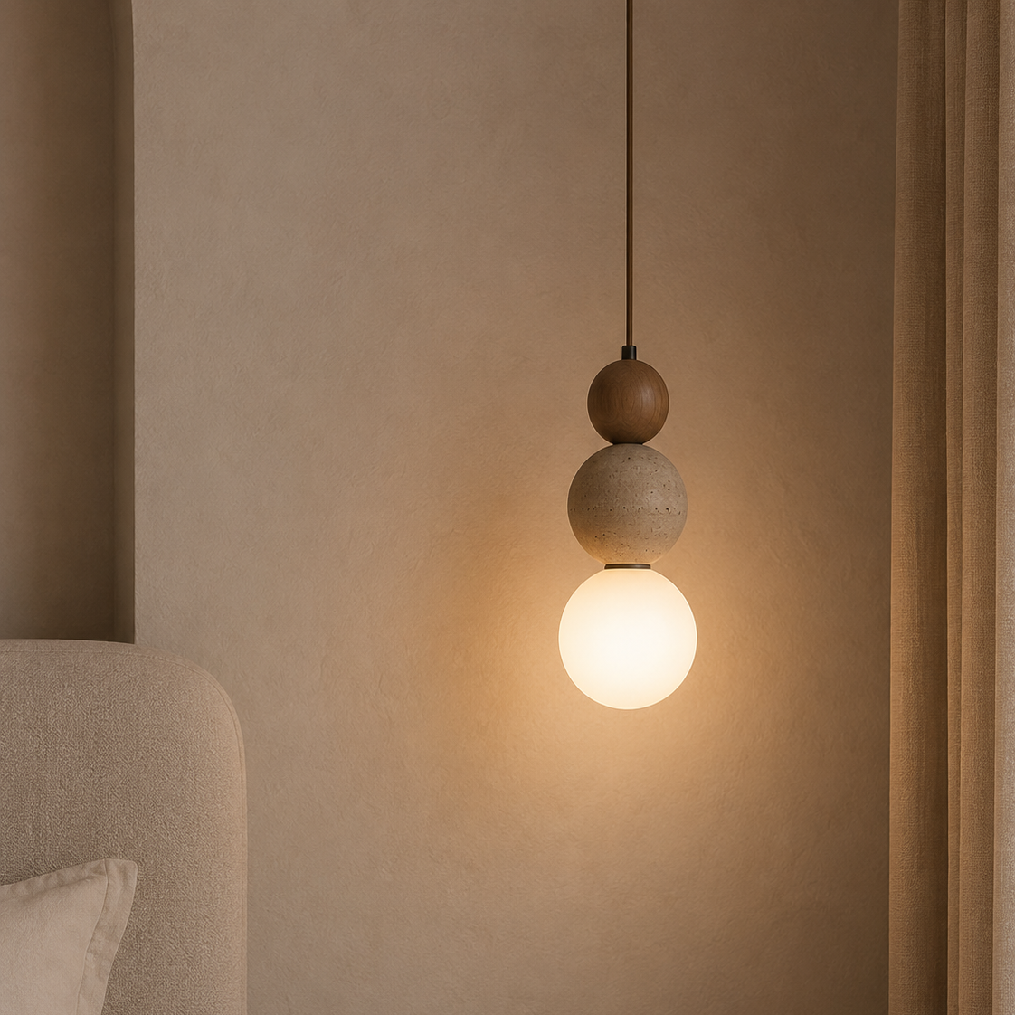 Stone & Wood Globe Pendant Light – Minimalist Sculptural Ceiling Lamp with Frosted Glass Shade Foryuni