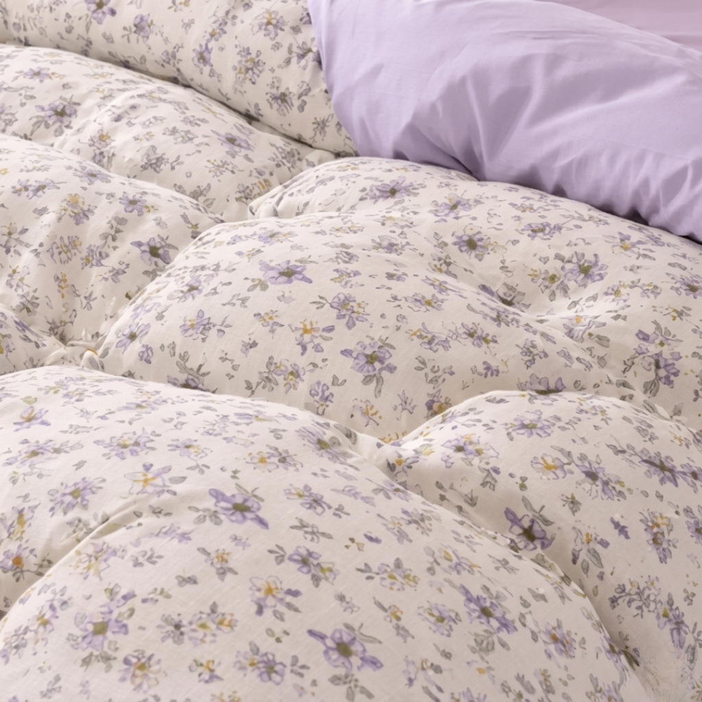 Floral patterned comforter on a bed with a pillow.