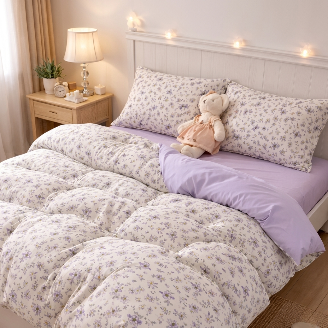 Bed with floral comforter and pillows, teddy bear, and nightstand with lamp in a cozy bedroom.