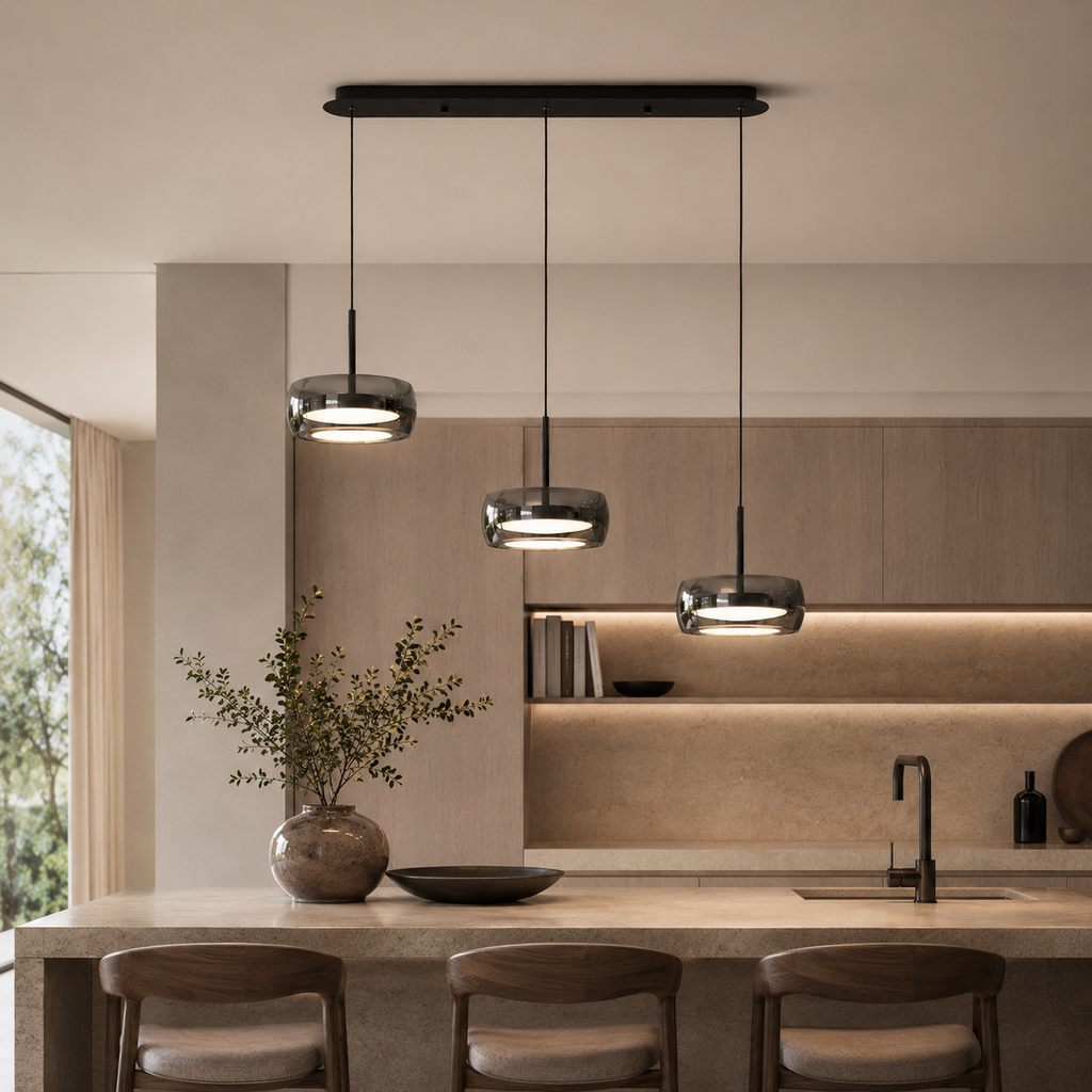 3-Head Smoked Glass Pendant Light – Modern LED Cluster Chandelier for Dining Table & Kitchen Island Foryuni