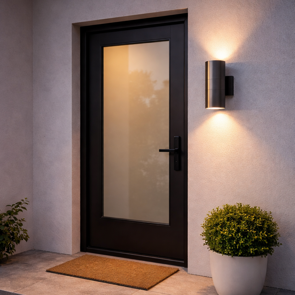 Modern front door with glass panel and wall-mounted light fixture on a concrete step.