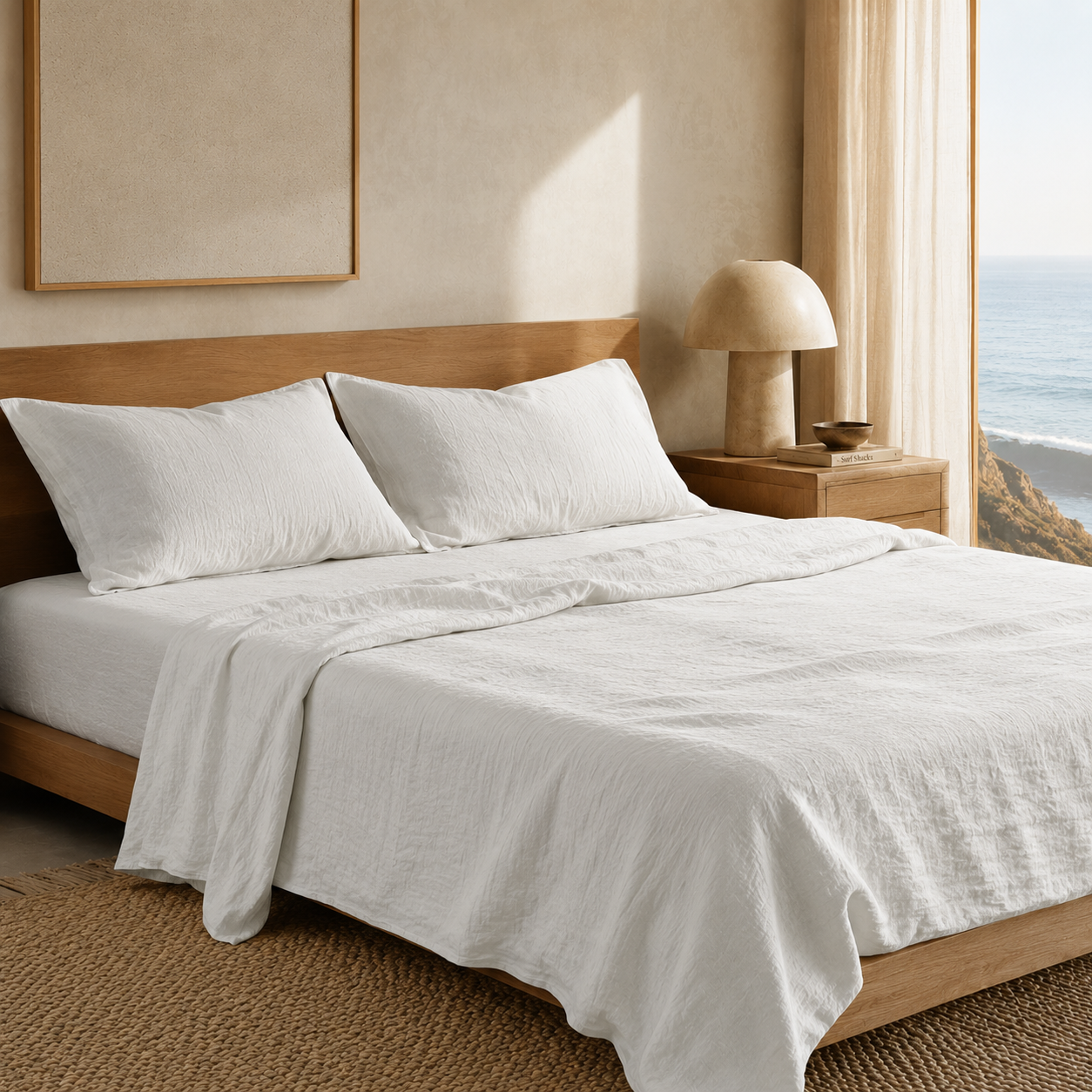 Neatly made bed with white bedding in a bedroom setting.