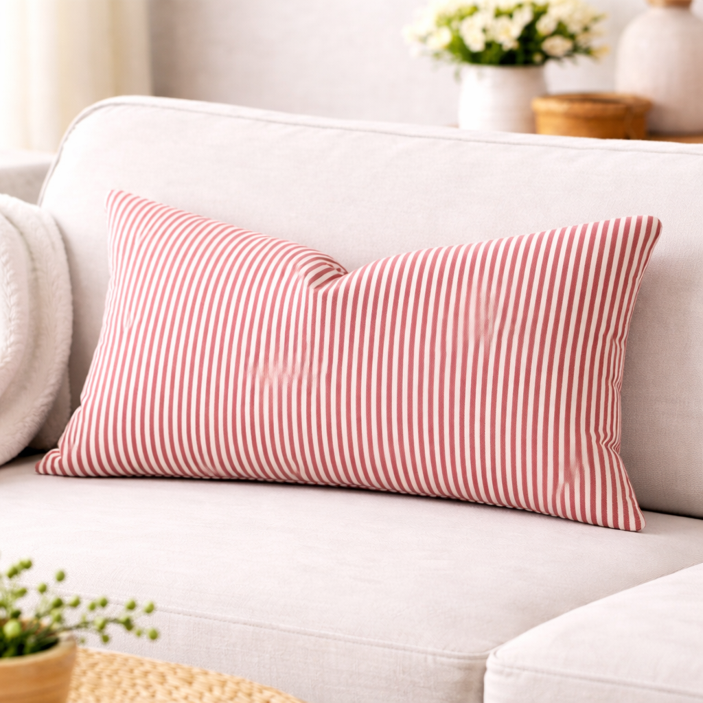 Red and white striped pillow on a white couch with a blurred background