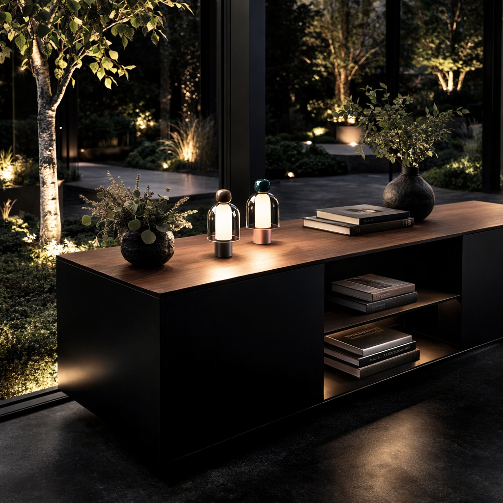 Modern outdoor setting with a wooden table, decorative items, and a view of a garden.