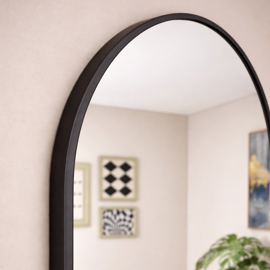 Large arched mirror with a black frame reflecting a room with decor elements.