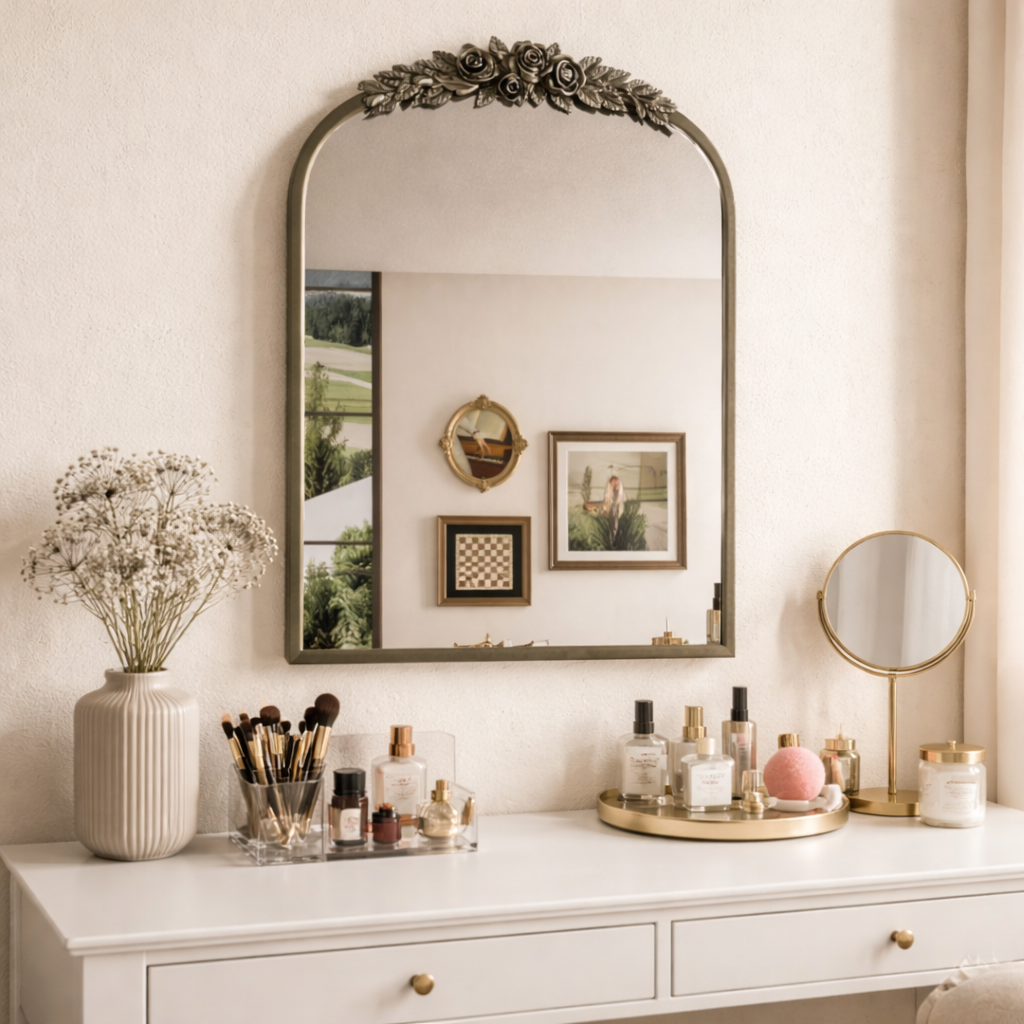Decorative mirror on a vanity with various items including a vase, makeup, and a small round mirror.