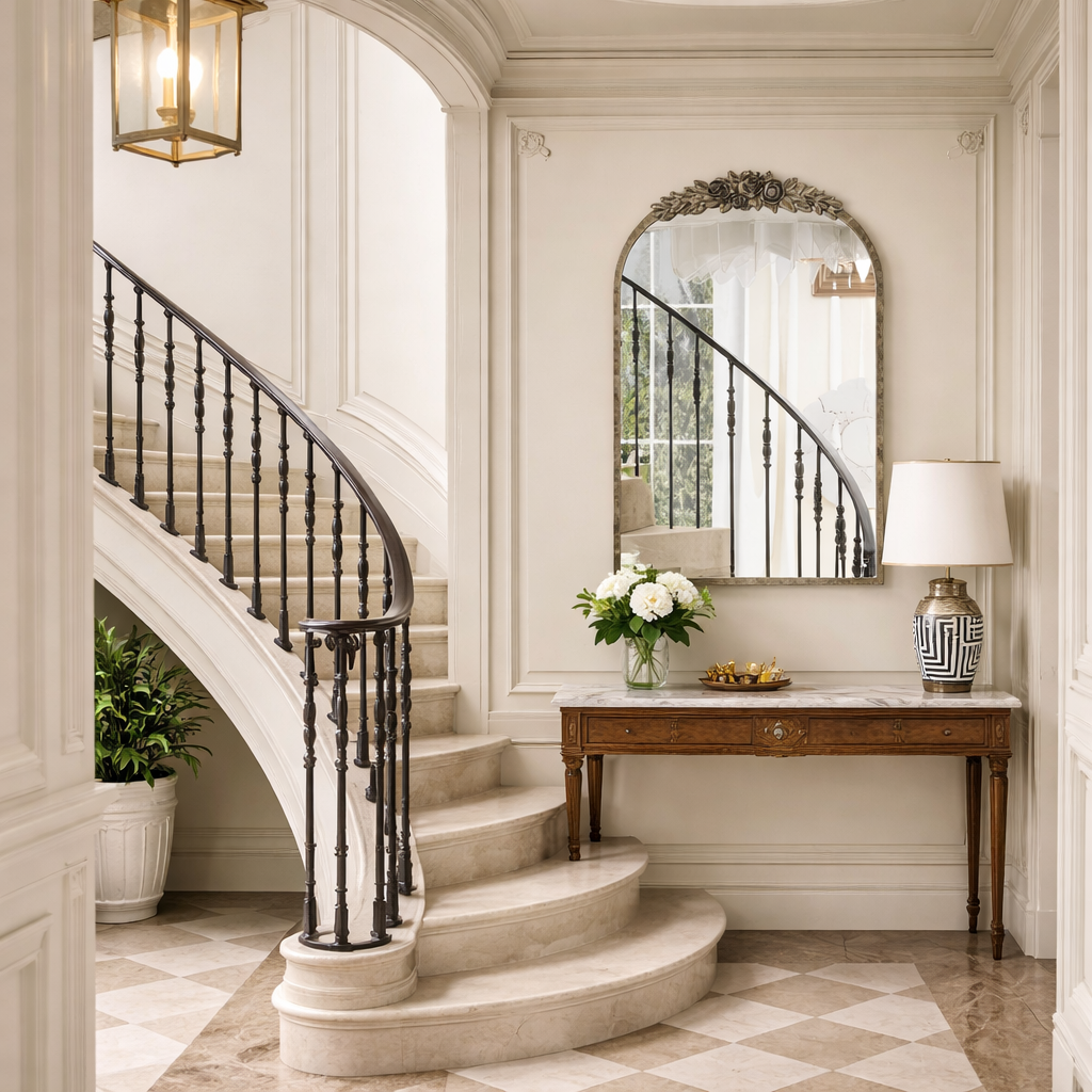 Staircase in a stylish home with a mirror, table, and decorative items.