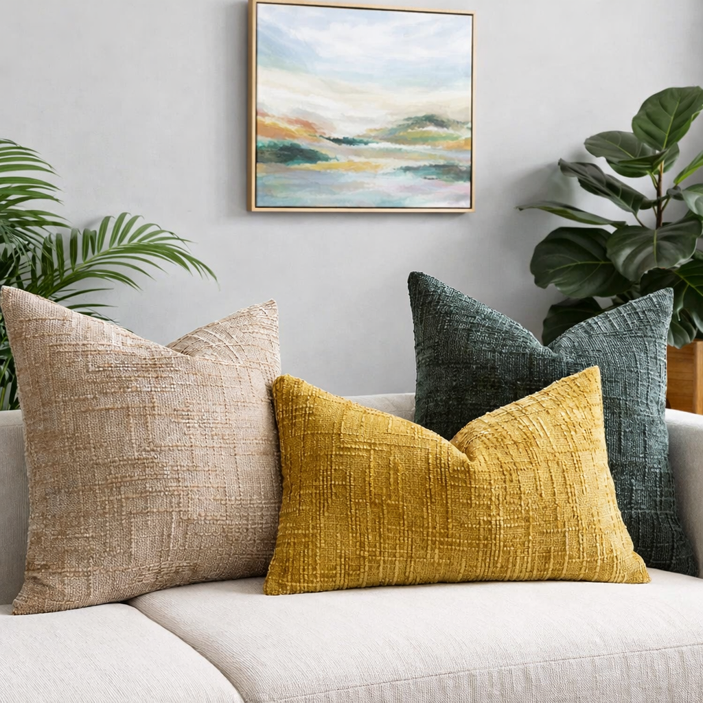 Decorative pillows on a sofa with a painting and plants in the background