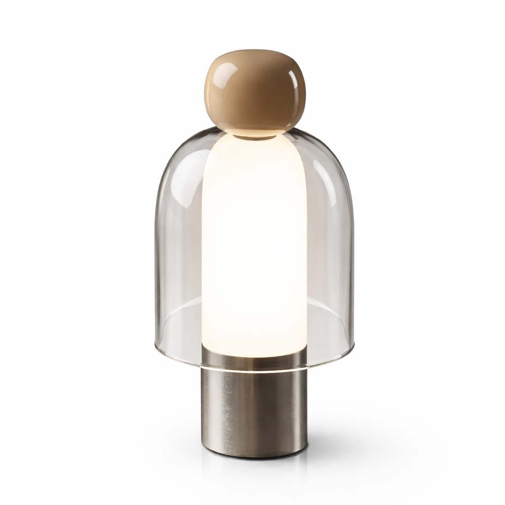 Modern table lamp with a glass shade and wooden top on a white background