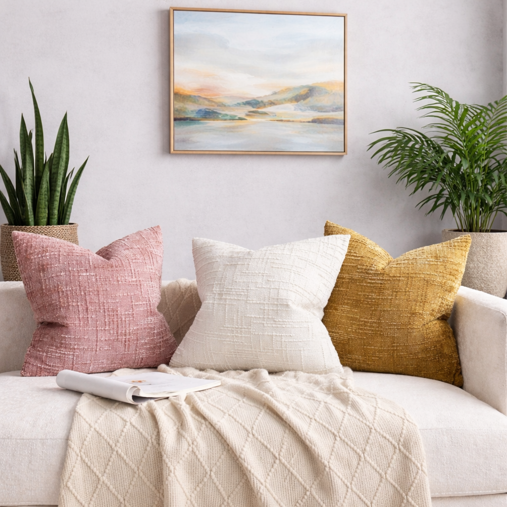 Decorative pillows on a sofa with a painting and plants in the background