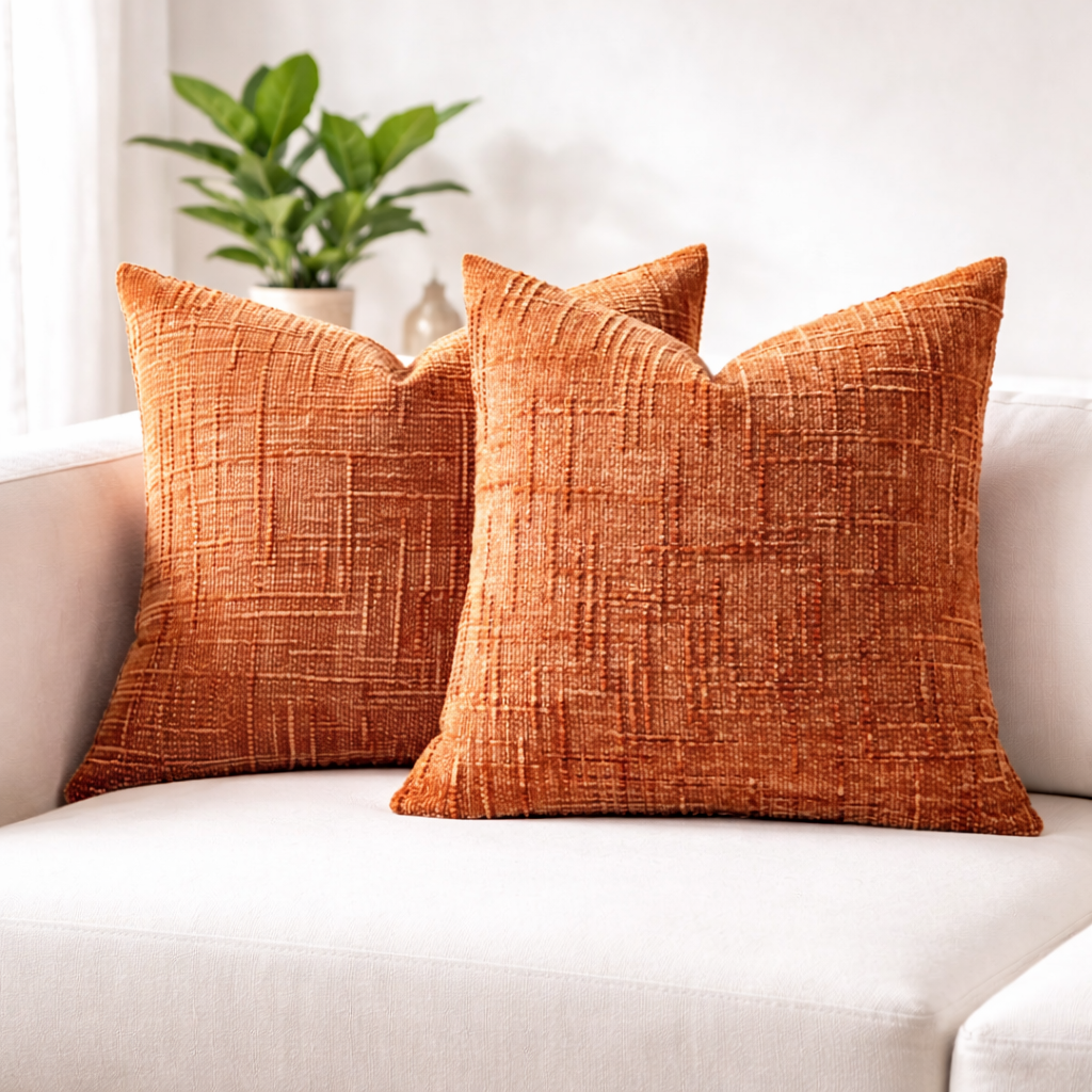 Two orange textured pillows on a white sofa with a plant in the background