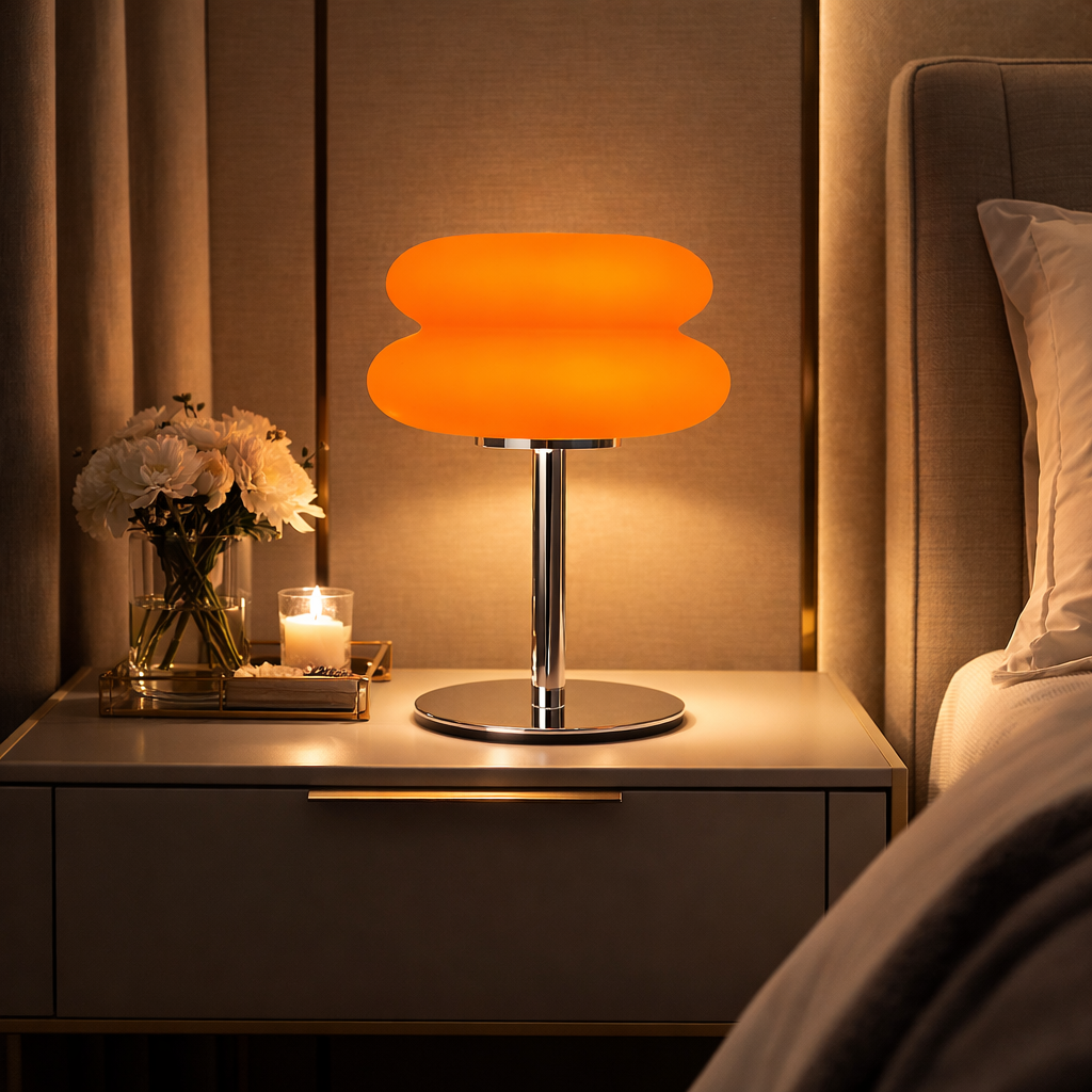 Orange table lamp on a nightstand with a candle and flowers in a bedroom setting