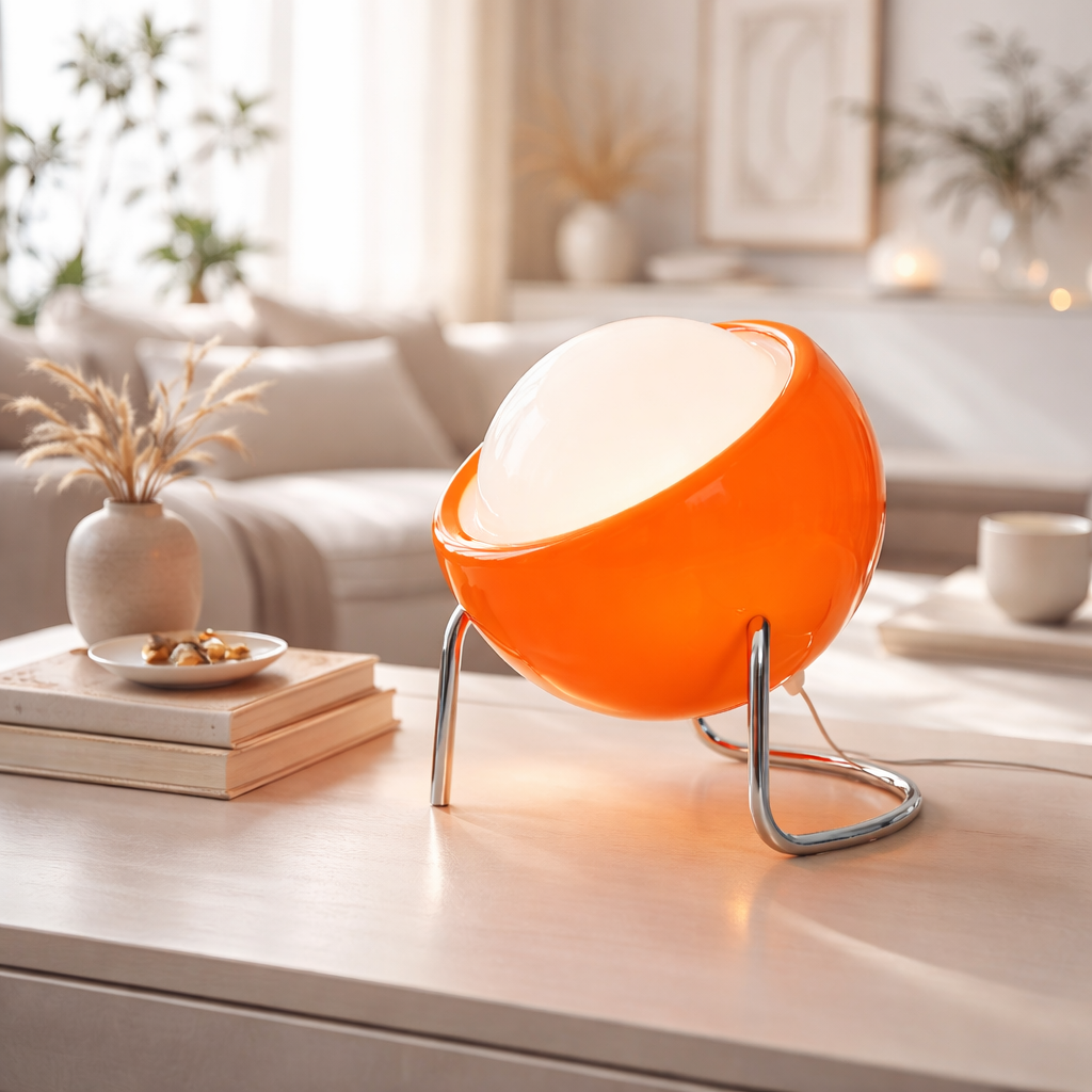 Orange and white spherical lamp on a table in a cozy living room.