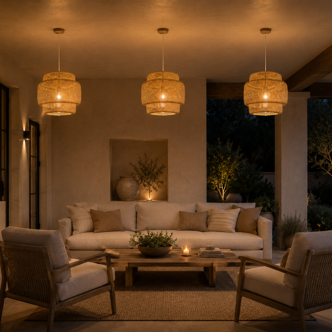 Cozy outdoor living area with wicker furniture, string lights, and a fireplace.