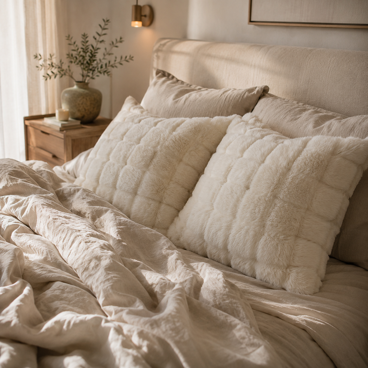 Neatly made bed with textured pillows and soft bedding in a cozy bedroom setting.