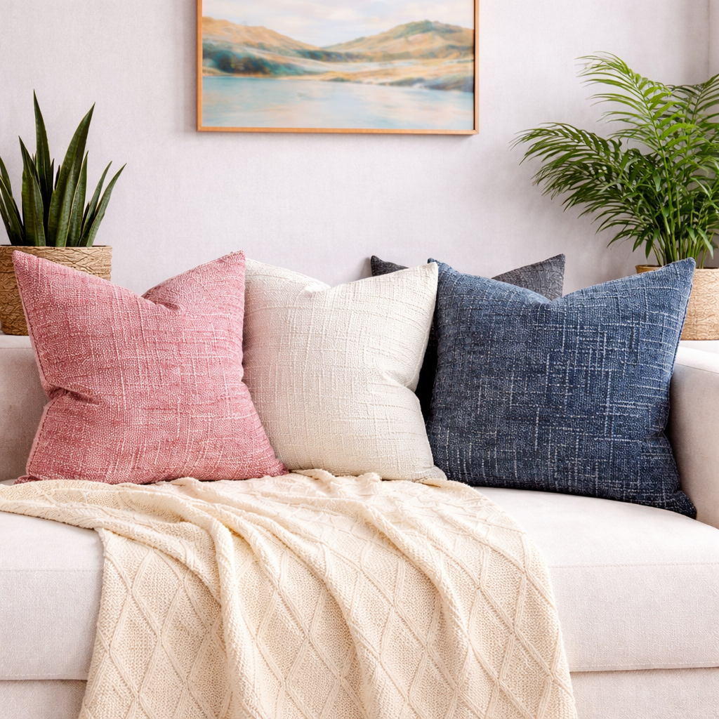 Decorative pillows on a sofa with a scenic painting in the background