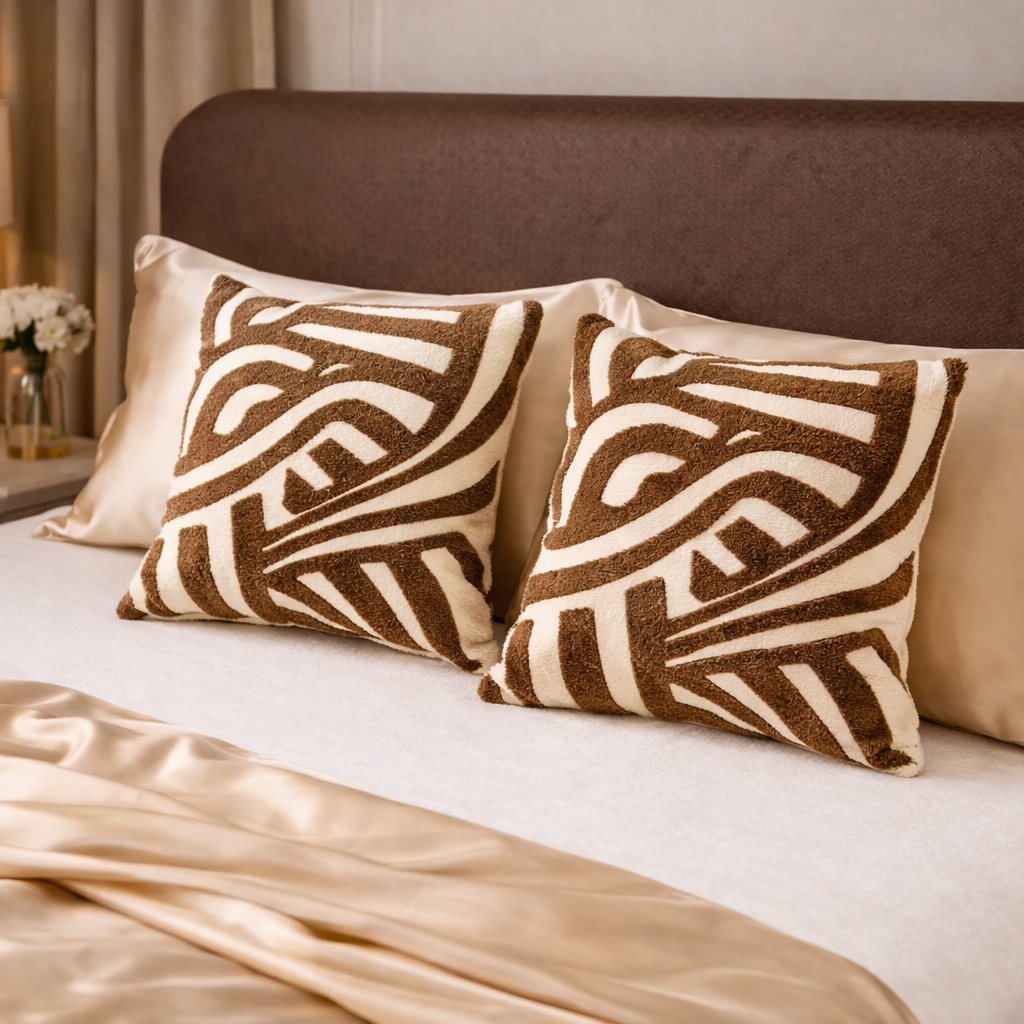 Decorative pillows with a brown and white pattern on a bed in a bedroom setting.