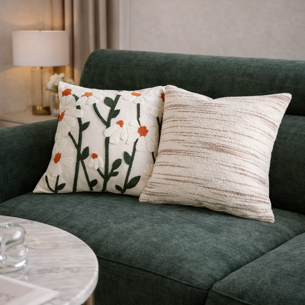 Green sofa with decorative pillows in a living room setting