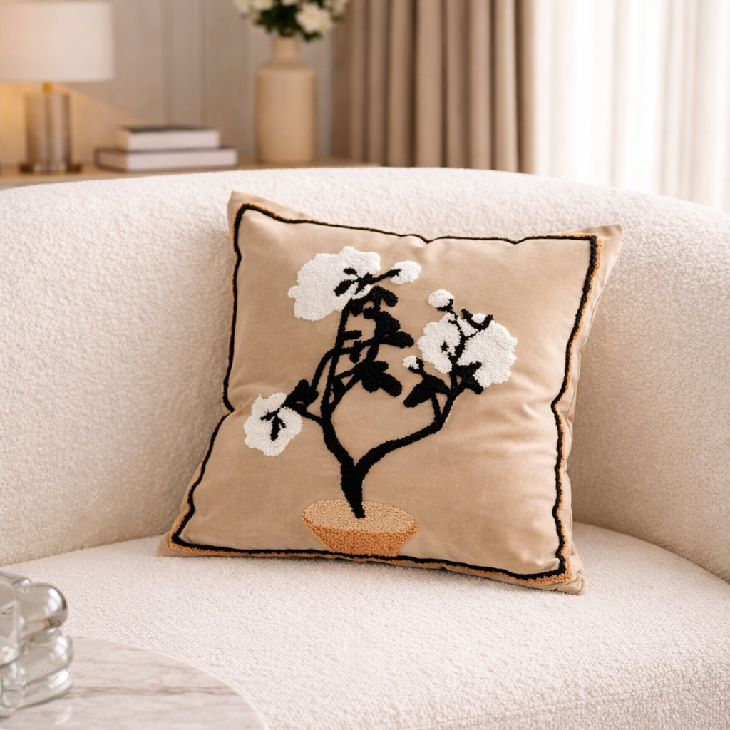 Decorative pillow with floral design on a beige sofa in a living room setting.