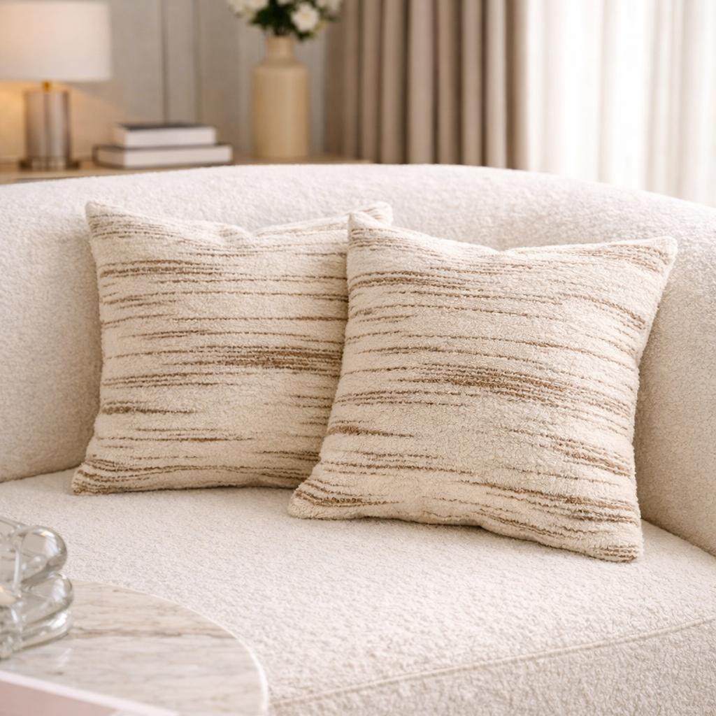 Beige sofa with textured pillows in a living room setting.