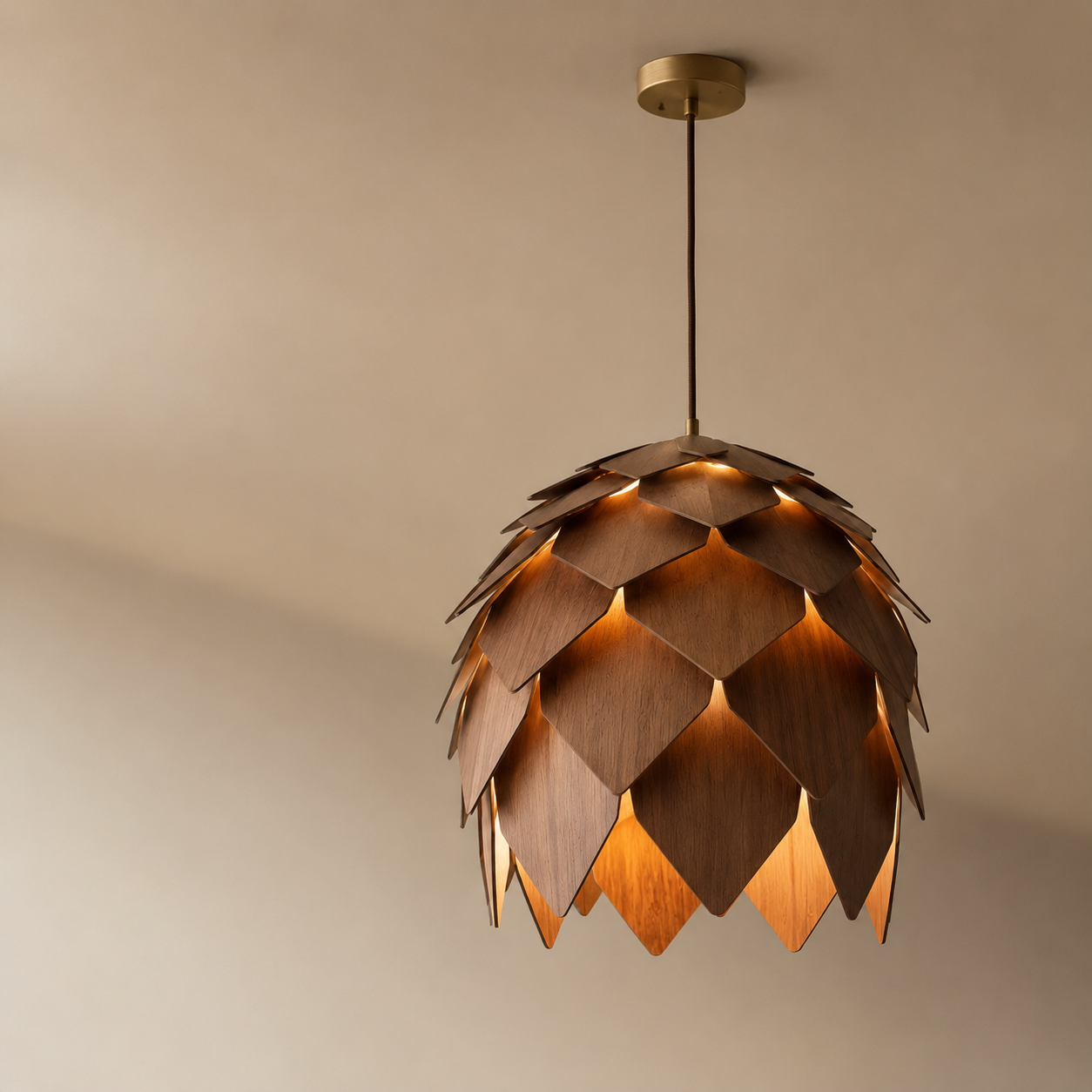 Wooden pendant pinecone handmade light with a unique design on a beige background