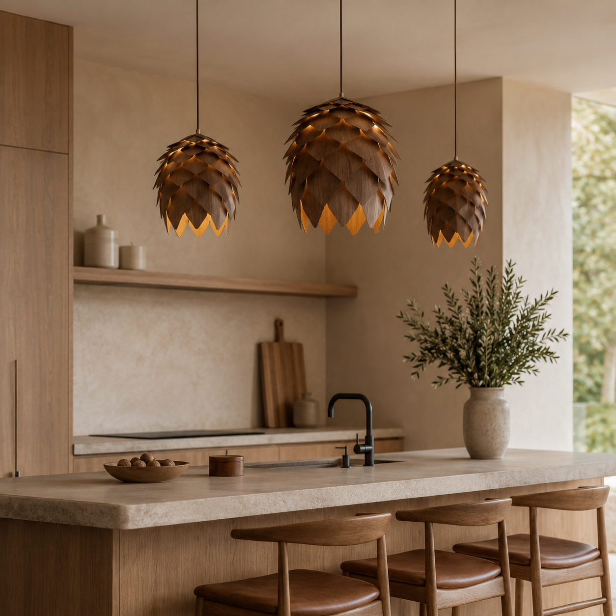 Modern kitchen with handmade pinecone pendant lights, island, and chairs