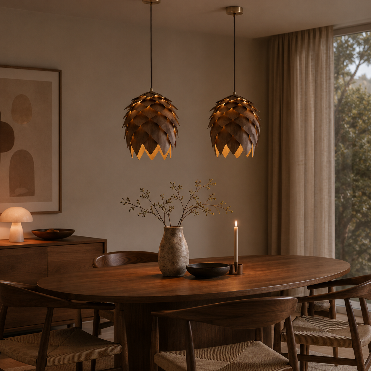 Dining room with wooden table, chairs, and wooden pinecone pendant lights.