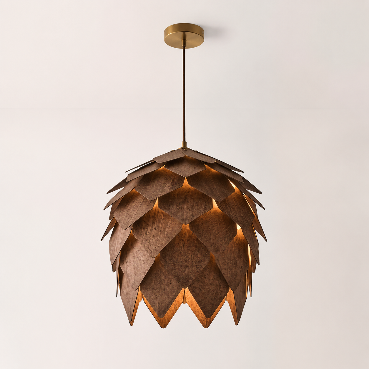 Wooden pinecone pendant light with a unique design on a plain background