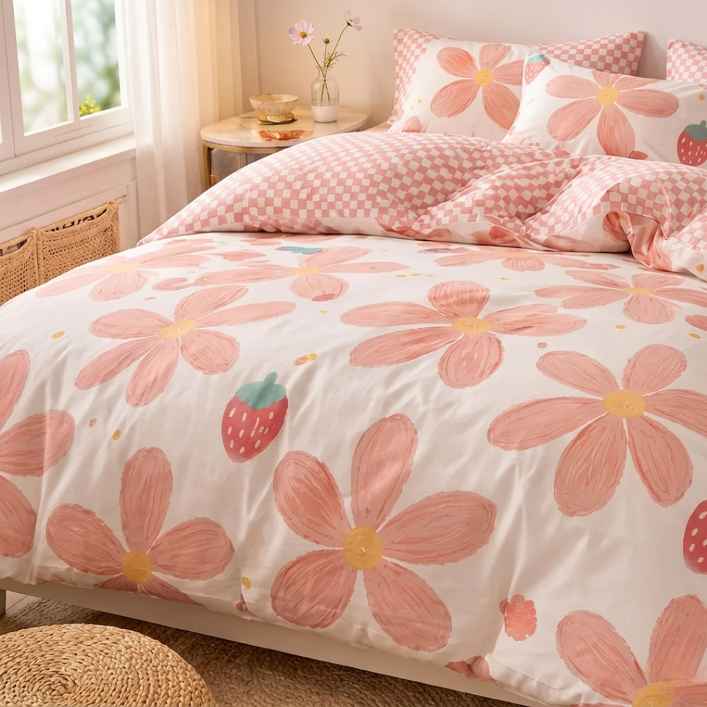 Bed with pink floral and strawberry patterned bedding in a bright bedroom.