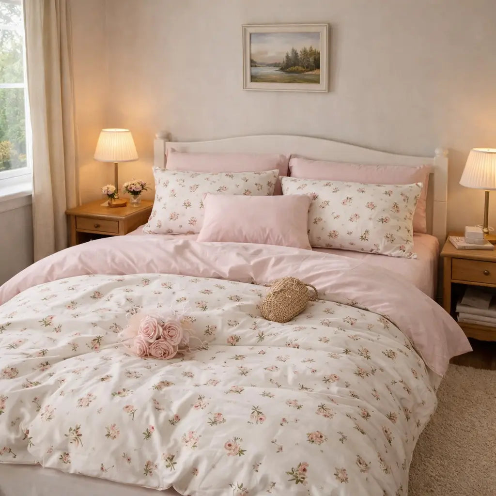 Bedroom with floral bedding and pink pillows