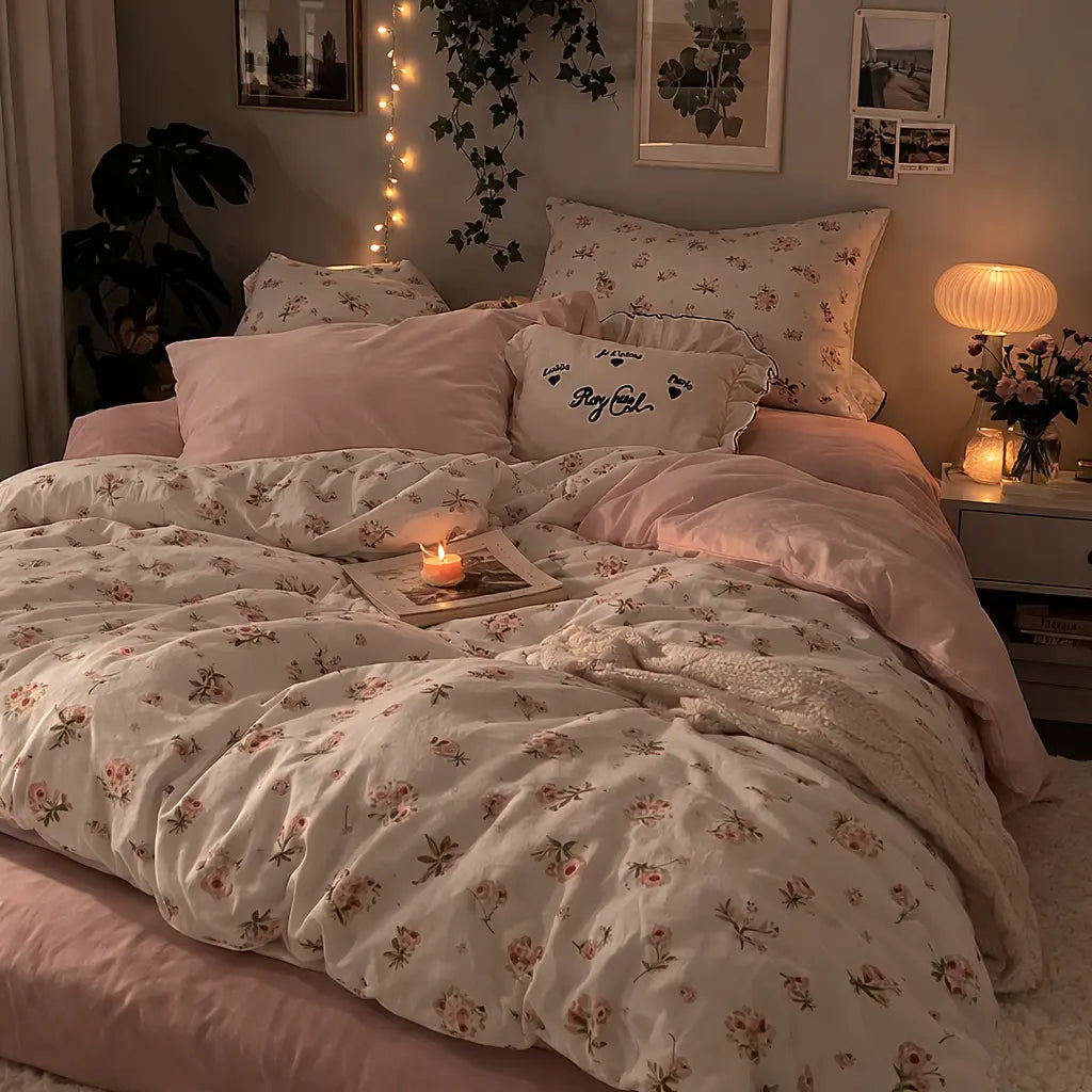Flower Print Duvet Cover Set – Soft Brushed Microfiber Bedding (4 Piece Set) Foryuni