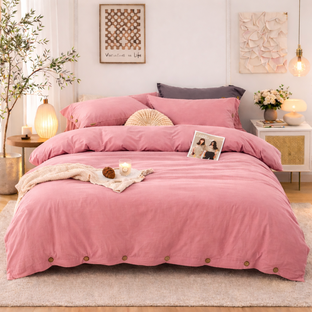 Pink bedding set on a bed in a well-decorated bedroom